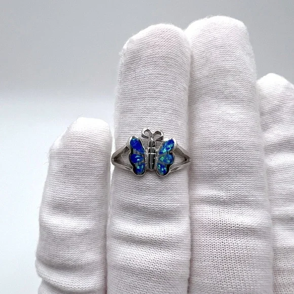 Sale $18 Firm! .925 Sterling Silver Lab Created Blue Opal Butterfly Ring - Picture 7 of 14